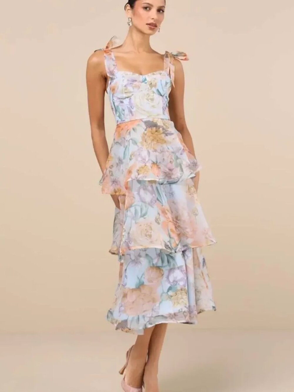 Playfully Posh Blue Floral Organza Tie-Strap Tiered Midi Dress Medium